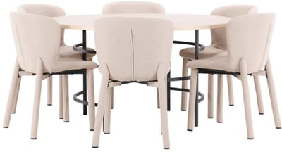 Copenhagen eethoek tafel Ø140cm en 6 stoelen whitewash, beige.