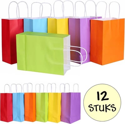 12x Papieren Uitdeeltasjes - 16x8x22cm - Stevig Papier - Traktatie Zakjes - Papieren Tasjes - Cadeau Zakjes - Uitdeelzakjes - 6 Verschillende Kleuren - Kraftpapier Draagtas - 12 Stuks