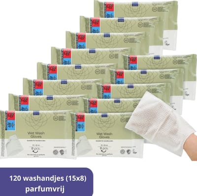 Abena Vochtige Washandjes Wegwerp - Parfumvrij - 120 Washandjes - Voordeelverpakking 15 x 8 washandjes - Wassen en opfrissen zonder water en zeep - Droogt Snel, geen Handdoek Nodig - Opwarmbaar in de Magnetron - Perfect voor Thuis en Onderweg