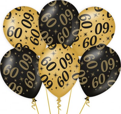 Ballonnen 60 jaar - 6x stuks - zwart/goud - leeftijd - 30 cm - versiering - verjaardag - feestartikelen