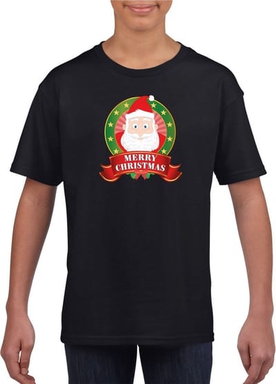 Kerst t-shirt voor kinderen met Kerstman print - zwart - Kerst shirts jongens en meisjes 110/116