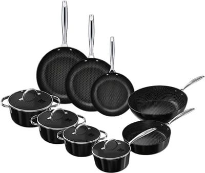 Cook & Pan Honey 9-Delige Pannenset Zwart - PFAS vrij - Geschikt voor Inductie - Pannen Set met 7 jaar Garantie - Krasbestendige Anti Aanbaklaag - Vaatwasserbestendig - Koekenpan, Wokpan, Steelpan, Hapjespan, Kookpot