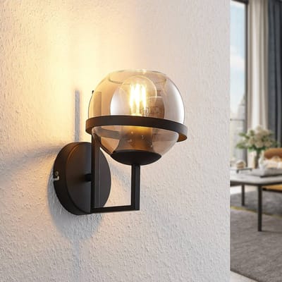 Lindby - wandlamp - 1licht - Glas, staal - H: 19.7 cm - E27 - rookgrijs helder, zwart