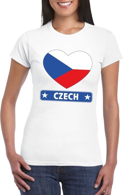Tsjechie t-shirt - met hartjes vlag print - wit - voor dames - korte mouwen - landen supporters S