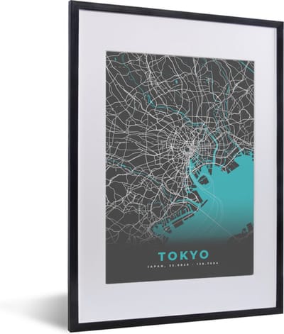 Fotolijst incl. Poster - Tokyo - Stadskaart - Blauw - Plattegrond - Kaart - 30x40 cm - Posterlijst
