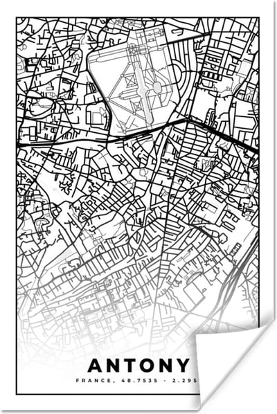 Poster Stadskaart - Antony - Frankrijk - Kaart - Plattegrond - Zwart wit - 120x180 cm XXL