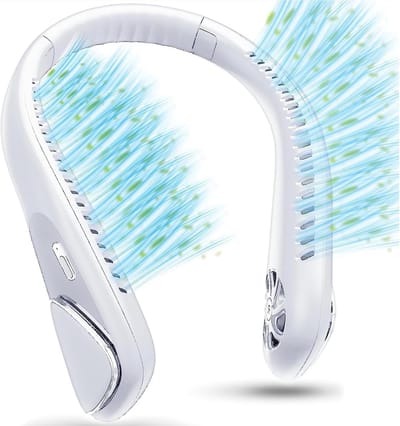 Ventilator zonder bladen voor om de nek - 4000mAh USB oplaadbaar - draagbaar, handsfree ontwerp - oordopjesmodel - drie windsnelheden - geschikt voor sport/buitenactiviteiten - unisex - wit.