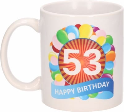 53 jaar Verjaardag koffiemok - cadeau beker - feestelijke ballonnen print - 300 ml - keramiek - wit