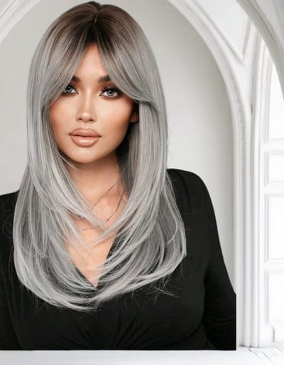 Frazimashop Ombre Grijze Pruik met Pony – Europees & Amerikaans Haar – Dames Pruik Lang Steil Haar – Hittebestendig & Verstelbaar – 60 cm