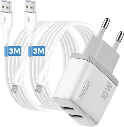Phreeze usb adapter 12 W - Geschikt voor iPhone en iPad met Lightning kabel 3m - Dual usb poorten - 2 kabels inbegrepen