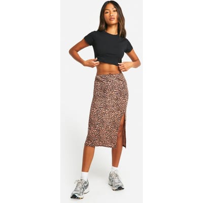 boohoo Dames Luipaardprint rib-midirok met zijsplit | Maat: 38