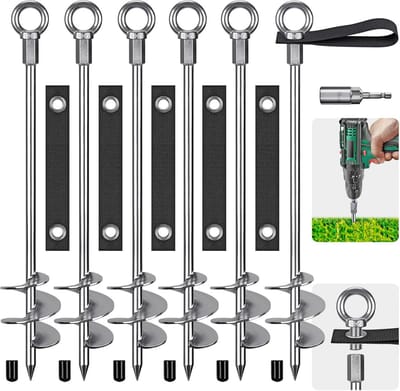 Insaga Tentpen, 61 cm Heavy Duty grondanker grote metalen aarde-inzet spiraalvormige schroef in trampolines spike voor schommel set/camping/schuur/hond/carport met vaste lus riem, 6 stuks
