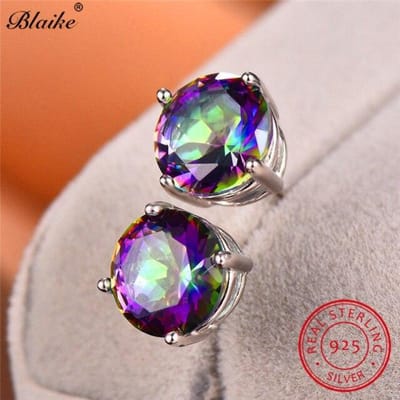 Blaike Echte S925 Sterling Zilver Ronde Oorknopjes Voor Dames Heren Zwart Groen Blauw Geel Roze Paars Zirkoon Regenboog Oorbellen gray