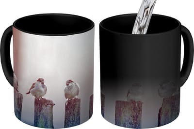 Magische Mok - Foto op Warmte Mokken - Koffiemok - Vogels - Mussen - Paaltjes - Hout - Magic Mok - Beker - 350 ML - Theemok