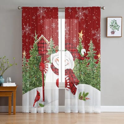 Kerst Sneeuwpop Kerstboom Roodborstje Transparante Gordijnen Woonkamer Decoratie Raamgordijnen Keuken Tule Voile Gordijnen W135 x H115cm x1 brown