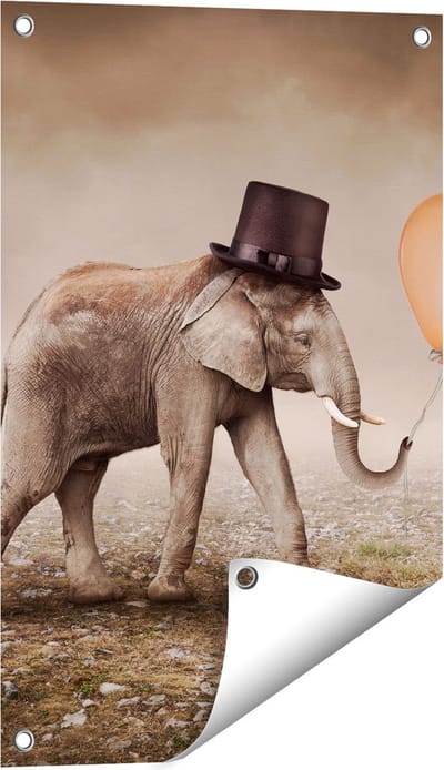 Gards Tuinposter Olifant met een Oranje Ballon - Hoedje - 40x60 cm - Tuindoek - Tuindecoratie - Wanddecoratie buiten - Tuinschilderij