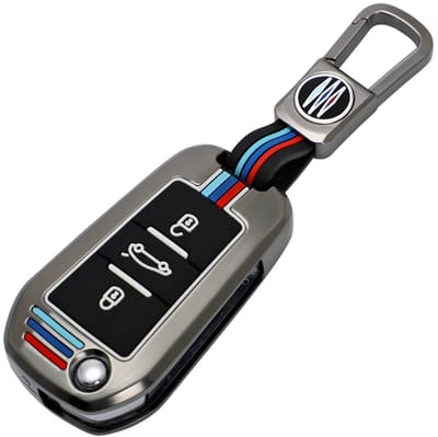 Autosleutel Hoesje geschikt voor Peugeot - Sleutelcover - Metalen Sleutelhoes - Accessoires - grijs