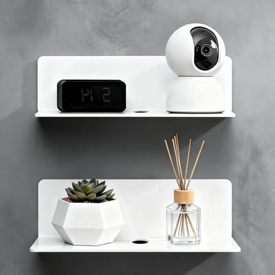 Set van 2 Wandplanken zonder boren, 22.9 cm, Wit, Mini Plank voor Badkamer en Entree, Inclusief Dubbelzijdige Plakband en Verborgen Draadgat