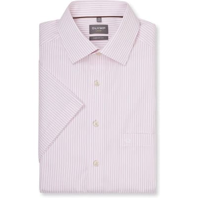OLYMP Luxor comfort fit overhemd - korte mouw - popeline - wit met lichtroze gestreept - Strijkvrij - Boordmaat: 46 (EU maat: XXL)