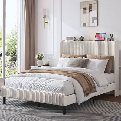 BLACKCOLORS Bedframe 140*200 gestoffeerd platformbed met stoffen hoofdeinde, ontwerp met gebogen randen/antislip en geruisloos/metalen latten/zonder lattenbodem