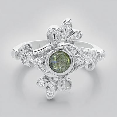 Cavill - Zilveren ring 925 Sterling met Spectroliet 0,39ct en Witte Topaas 0,64ct - Elegante damesring met filigraan en ronde stenen