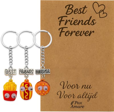 BFF Sleutelhanger voor 3 'Best Friends Forever' - Fast Food Friends - Sleutelhangers op Cadeau Kaartje - Zilverkleurig - Vriendschap Symbool - Pax Amare