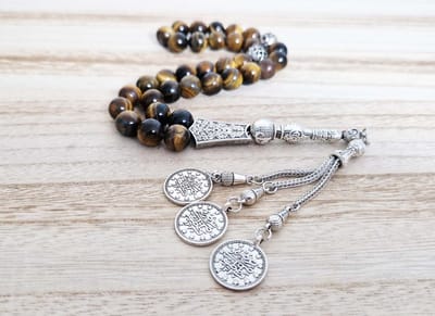 Handgemaakte tesbih "tasbih" natuursteen "Tijgeroog" - Aantal kralen 33 - Diameter kralen 10 MM - met metaal tassel "model 14" - Een mooi cadeau-idee