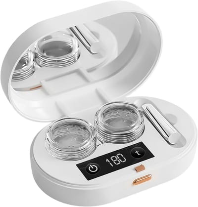 Ultrasone contactlensreiniger - Ultrasoon reiniger - Contactlenzen Doosje - Reinigingsmachine - Met make-upspiegel en batterij-indicator - reizen, woon-werkverkeer, zakendoen en uitgaan - 10x6,5cm - wit