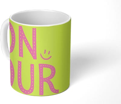 Mok - Koffiemok - Groen - Smiley - Bonjour - Roze - Mokken - 350 ML - Beker - Koffiemokken - Theemok
