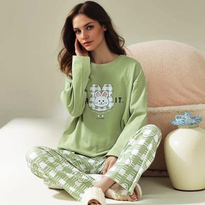 Katoen Hoge Kwaliteit Dames Herfst Winter Pyjama Vrouwen Pullover Lange Mouwen Cartoon School Huiskleding M beige