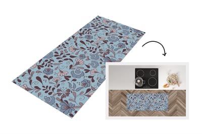 Keukenloper 120x50 cm - Keukenmat vinyl Patroon - Bloem - Grijs - Blauw - Keukenmatten loper - Keuken vloerkleed tapijt