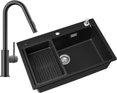 CECIPA max Spoelbak Keuken 70x45cm - Spoelbak Keuken Met V-Uitloop Keukenkraan en Zeepdispenser - Multifunctionele Spoelbak - gootsteen - Spoelbakken met Afdruip - Antraciet