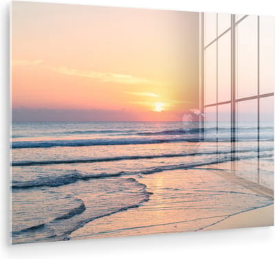 MuchoWow® Glasschilderij 40x30 cm - Schilderij acrylglas - Zee - Pastel - Zon - Foto op glas - Muurdecoratie woonkamer - Wanddecoratie slaapkamer - Schilderijen