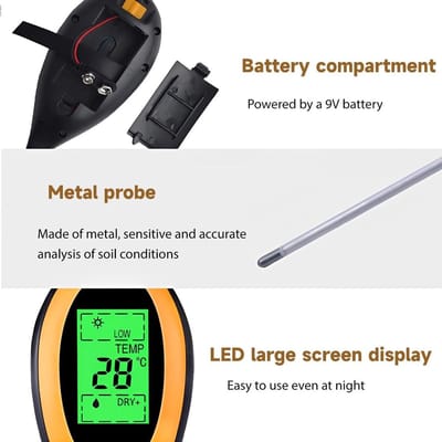 Professionele 4-in-1 Bodemtester: pH Meter, Vochtigheidsmeter, Lichtmeter en Temperatuurmeter voor Tuin, Gazon en Planten