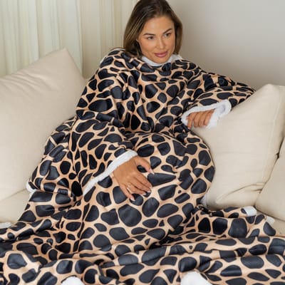 Fleece Deken met Mouwen - Plaid met Mouwen - Hoodie Deken - Hoodie Blanket - Huggle Hoodie - Snuggle Hoodie - Dekens - TV Deken - Giraffe Print - Dames en Heren - Volwassenen - 180x130 cm - Noodpakket - Kerstcadeau - Snuggie Moment