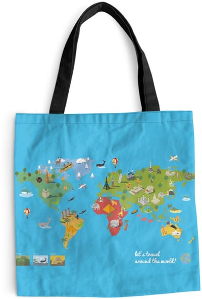MuchoWow® Schoudertas - Strandtas - Big Shopper - Boodschappentas - Wereldkaart Kinderen - Modern - Symbolen - 40x40 cm - Katoenen tas
