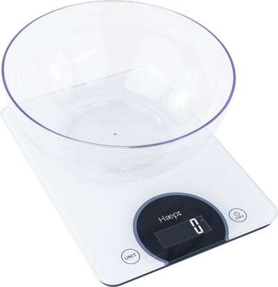 Haepi - Elektronische keukenweegschaal uit gehard glas met hoge capaciteit en precisie 15 kg/1g, tarrafunctie, groot plateau ideaal voor patisserie, inbegrepen kom, batterijen inbegrepen, 15 jaar garantie