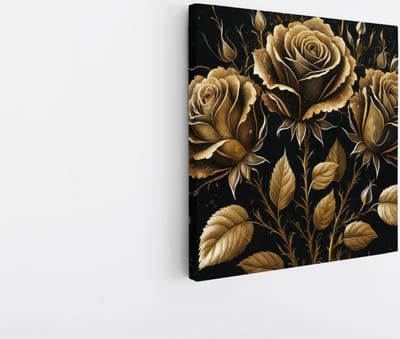 Saammp Canvas Schilderij - 3 Goude Bloemen - Abstract - 20x20 - Foto op canvas - Wanddecoratie - Muurdecoratie Woonkamer - Kantoor Decoratie