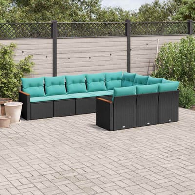 vidaXL - 10-delige - tuinbankset - met - kussens - van - zwart - polyrotan