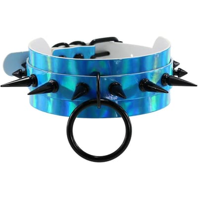 Collier Ras-du-cou Punk Gothique Rivets Noirs Pointes Hologramme Laser Cuir PU pour Femmes Harnais Holographique Collier Bijoux Anime Cadeau blue