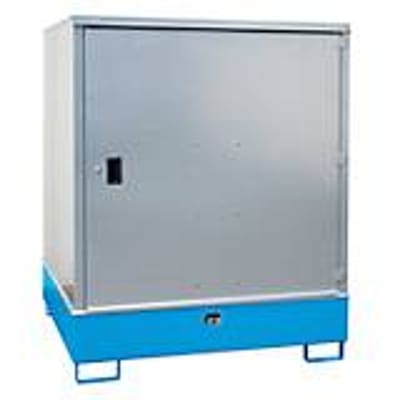 BAUER GS-3 kast voor gevaarlijke stoffen, plaatstaal, toegankelijk voor rolstoelgebruikers, voor 4 x 200 l vaten, B 1475 x D 1460 x H 1805 mm, blauw