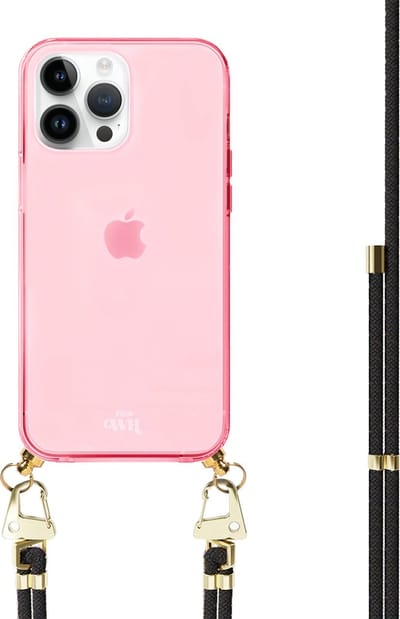 xoxo Wildhearts silicone case met koord - Roze telefoonhoesje met koord - telefoonketting - Black & Gold - Cord Case - geschikt voor Apple iPhone 12 Pro - Zwart koord