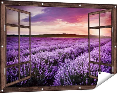 Gards Tuinposter Doorkijk Bloemenveld met Paarse Lavendel - Bloemen - 120x80 cm - Tuindoek - Tuindecoratie - Wanddecoratie buiten - Tuinschilderij