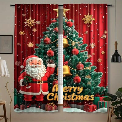 2-delige Set Gouden Kerstbal Bedrukte Gordijnen - Tunnelontwerp voor Eenvoudig Ophangen, Perfect voor Keuken, Slaapkamer & Woonkamer (W50H130cm)-2pcs&Grommet Top