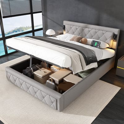DESMIU Gestoffeerd Bed 160x200cm – Bed Met Leeslamp En Usb-Functie – Hydraulische Opbergruimte Onder Het Bed – Voor Slaapkamer – Linnenstijl – Grijs – Zonder Matras