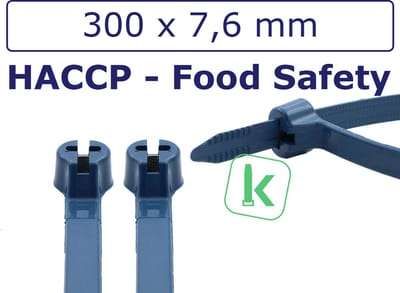 PRO-TIE® - PRO-TIE® Premium Tyraps, kabelbinders Detecteerbaar (HACCP) met stalen RVS 316 sluiting 300 x 7,6 mm Blauw (Zak 100 stuks) (tiewrap/tyrap/tie-wrap/bundelbandje/colsonbandje/)