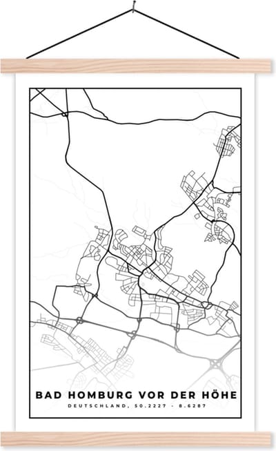 Posterhanger incl. Poster 40x60 cm - Schoolplaat - Bad Homburg von der Höhe - Plattegrond - Kaart - Stadskaart - Textielposter - Blanke latten - Stadskaart