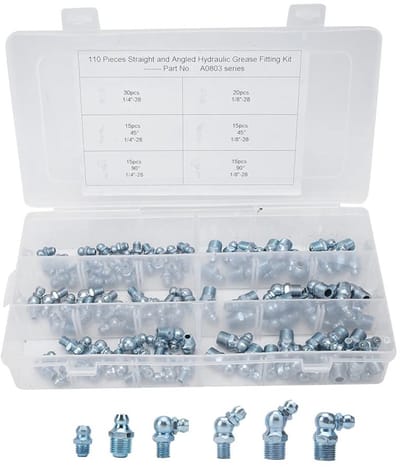 Dailygoods- Smeernippel Set 110 Stuks - 45°/90°/180° - Zink-IJzer - Universeel voor Automotoren - Hoogte 23 mm - Buitendiameter 9 mm/5 mm - Smeringsfitting
