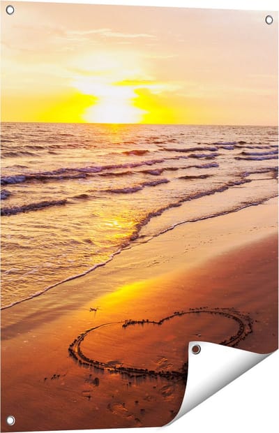 Gards Tuinposter Zonsondergang op het Strand met een Hartje - 60x80 cm - Tuindoek - Tuindecoratie - Wanddecoratie buiten - Tuinschilderij