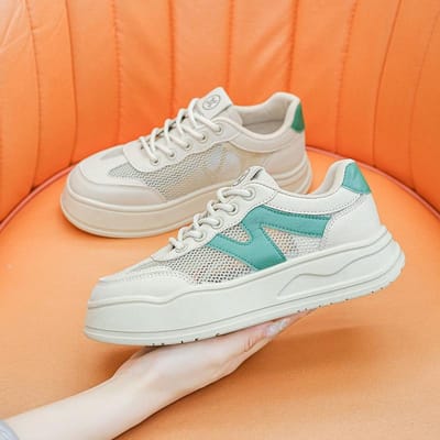 Mesh Dames Schoenen Zomer Nieuwe Casual Board Schoenen Vrouwelijke Studenten Sportschoenen Dunne Dikke Zool Papa Schoenen Witte Schoenen 40 beige